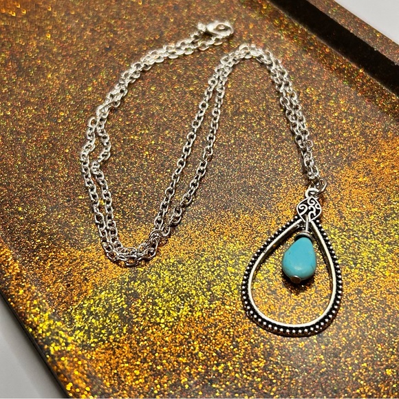Olya Gabriel Jewelry - Elegant Silver Tone and Turquoise Stone Pendant Necklace